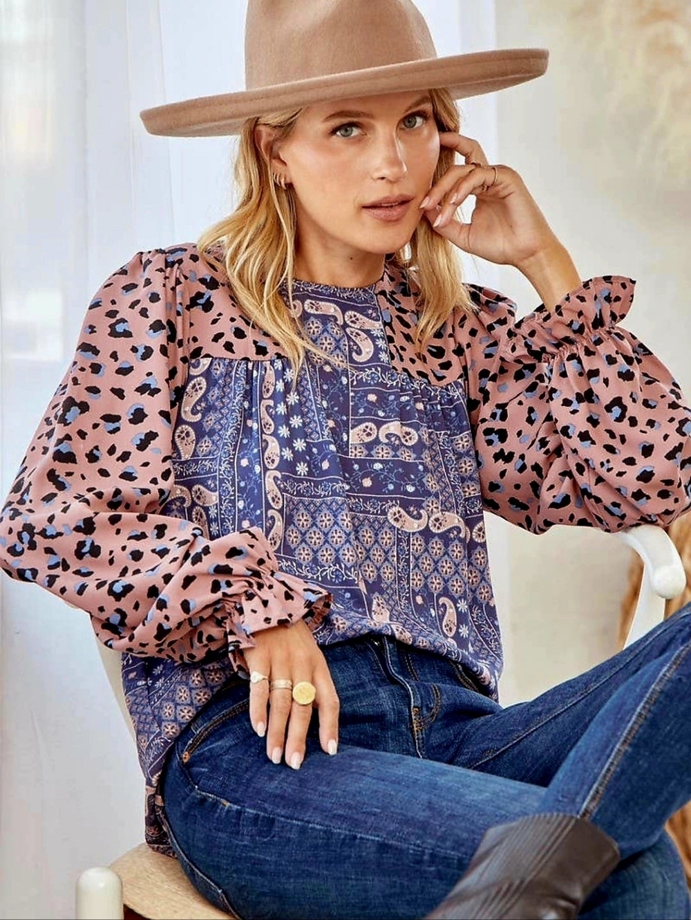 Andre'e by Unit Paisley & Leopard Print Blouse, Balloon Sleeves Size Medium